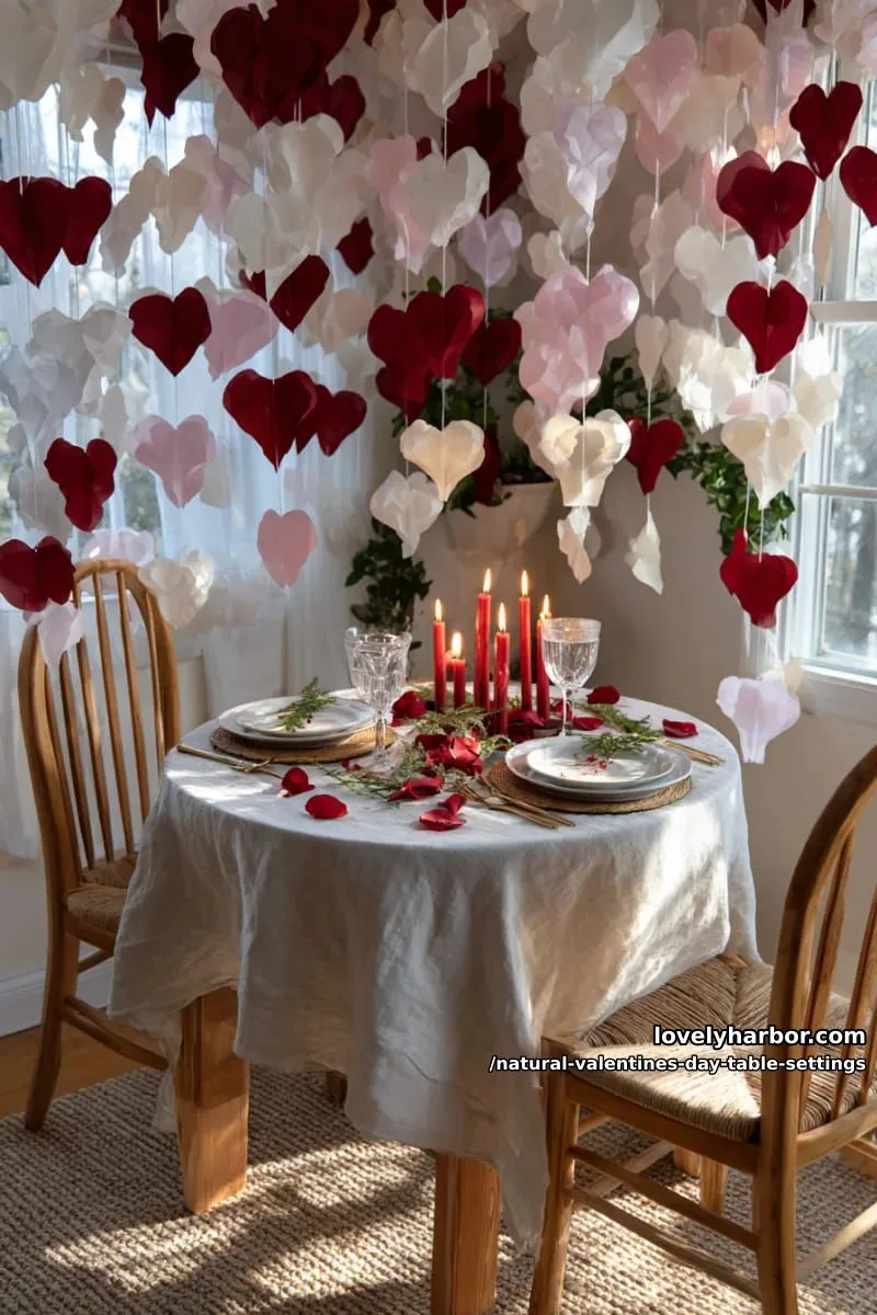 15 Natural Valentine’s Day Table Settings Perfect for a Romantic Table for Two 60 candlelit sweethearts table set under a canopy of hanging paper hearts 1