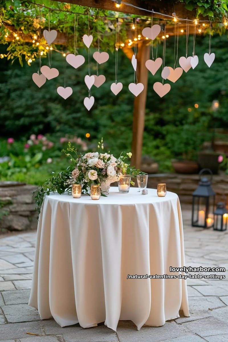 15 Natural Valentine’s Day Table Settings Perfect for a Romantic Table for Two 62 candlelit sweethearts table set under a canopy of hanging paper hearts 1