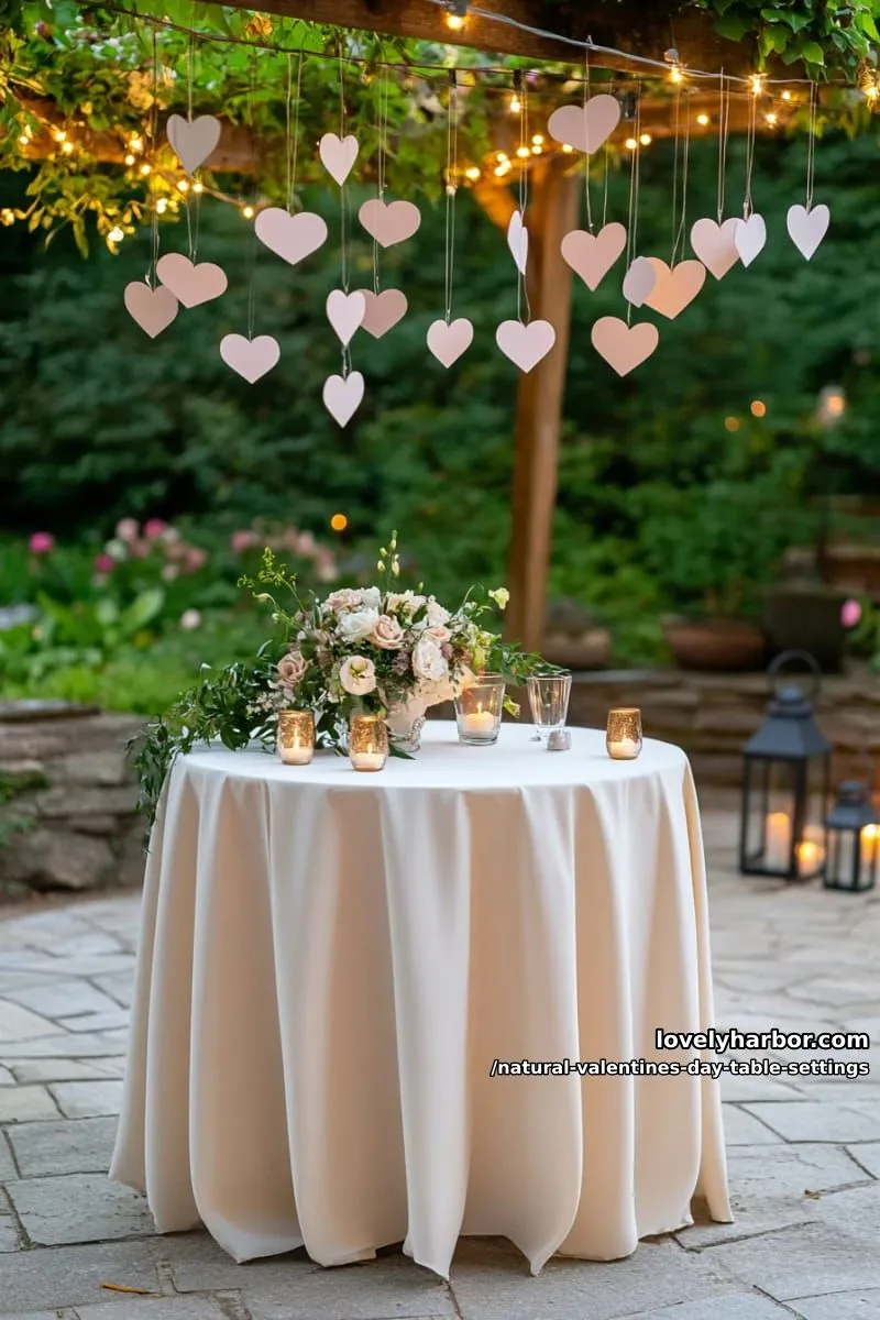 15 Natural Valentine’s Day Table Settings Perfect for a Romantic Table for Two 61 candlelit sweethearts table set under a canopy of hanging paper hearts 1