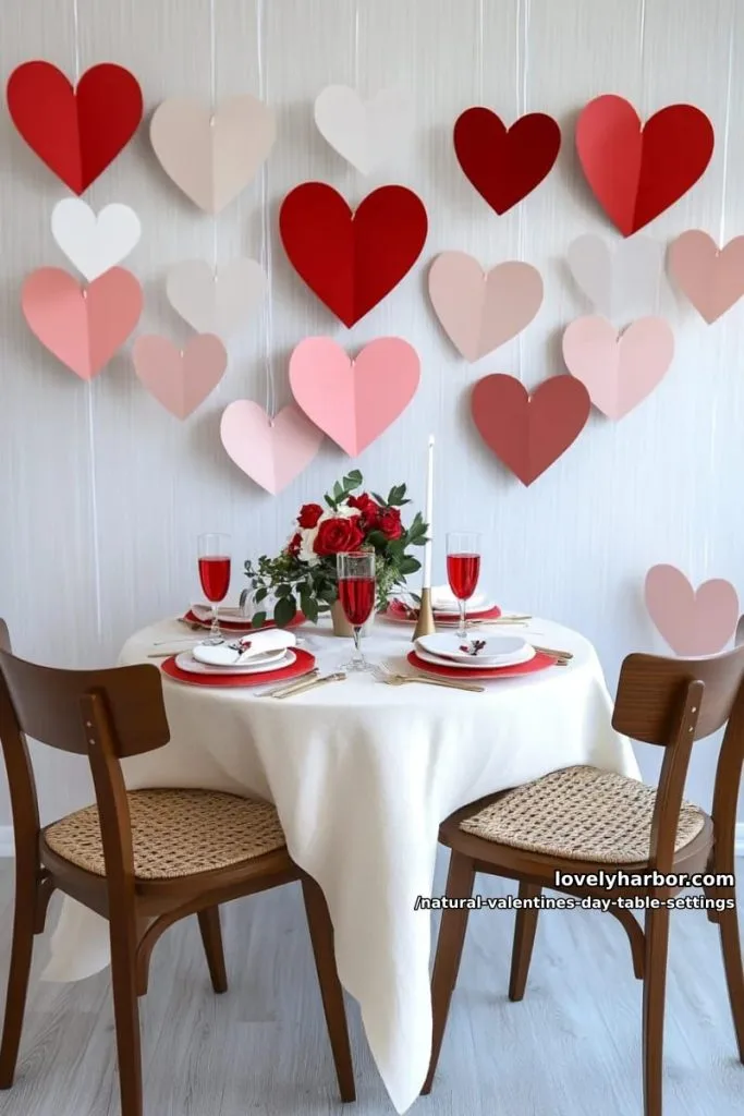 candlelit sweethearts table set under a canopy of hanging paper hearts 34