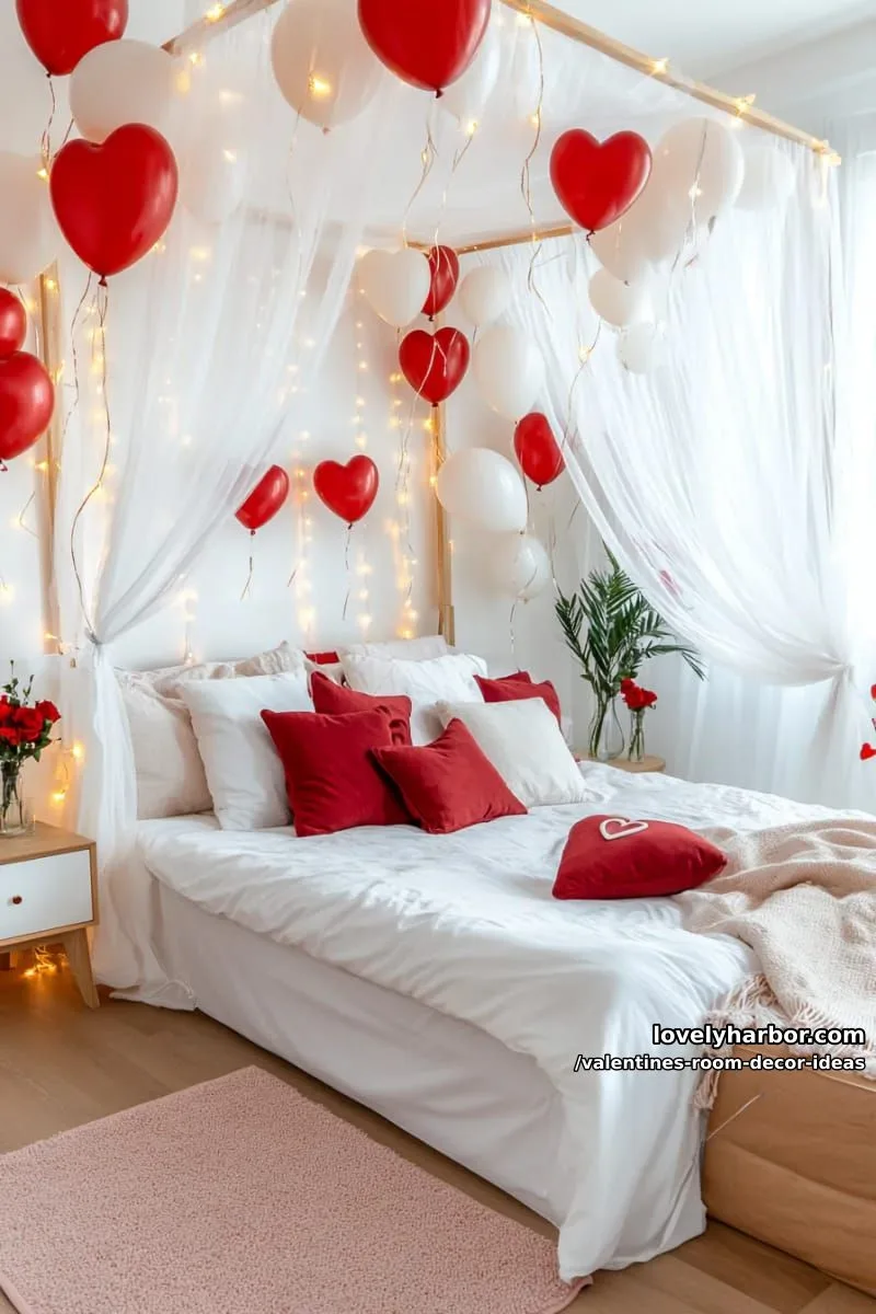 15 Valentine's Room Decor Ideas for a Romantic Ambiance 41 canopy bed framed with intertwined red and white balloons 1