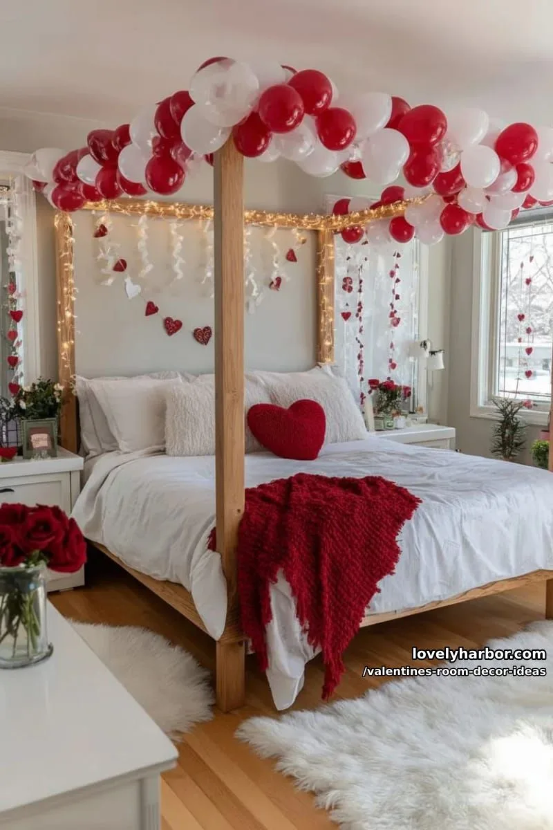 15 Valentine's Room Decor Ideas for a Romantic Ambiance 45 canopy bed framed with intertwined red and white balloons 1