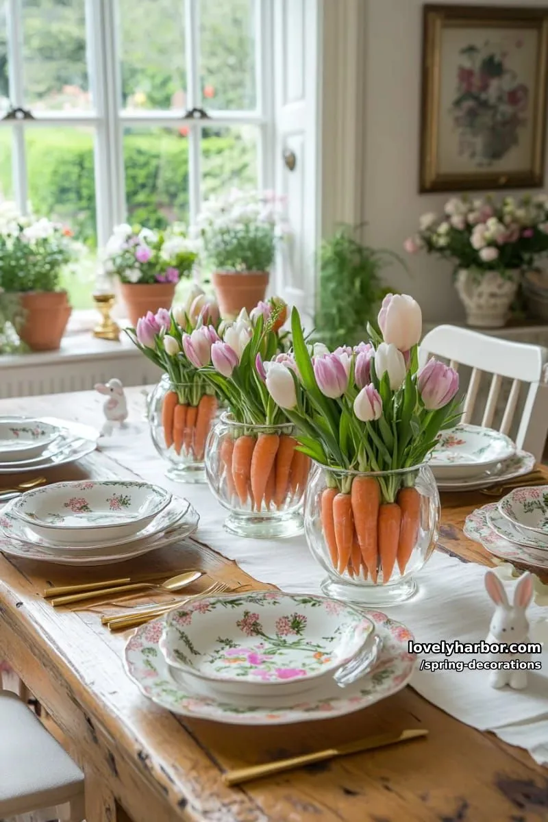 carrot vase centerpieces with tulips for a playful table setting 1