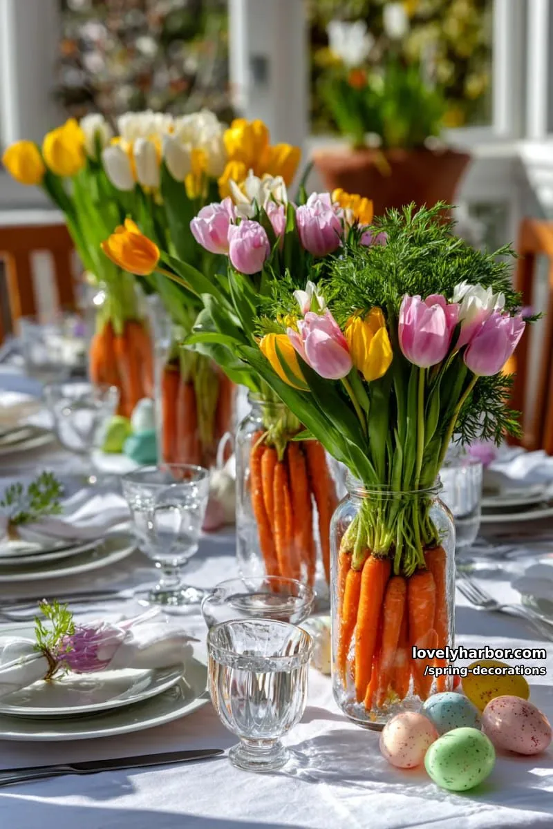 carrot vase centerpieces with tulips for a playful table setting 1