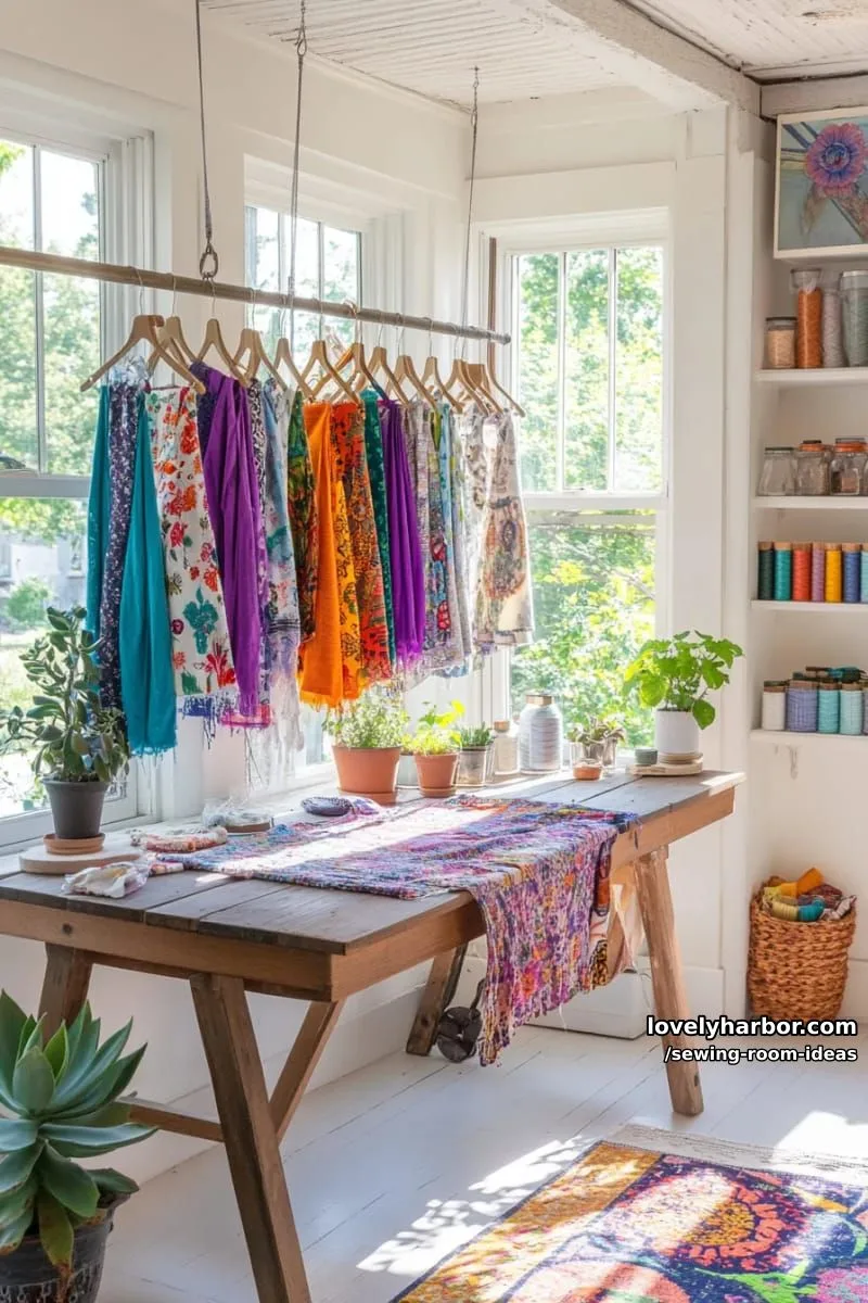 15 Creative Sewing Room Design Ideas 17 ceiling-mounted rod for hanging unfinished projects and drying freshly dyed fabrics 1