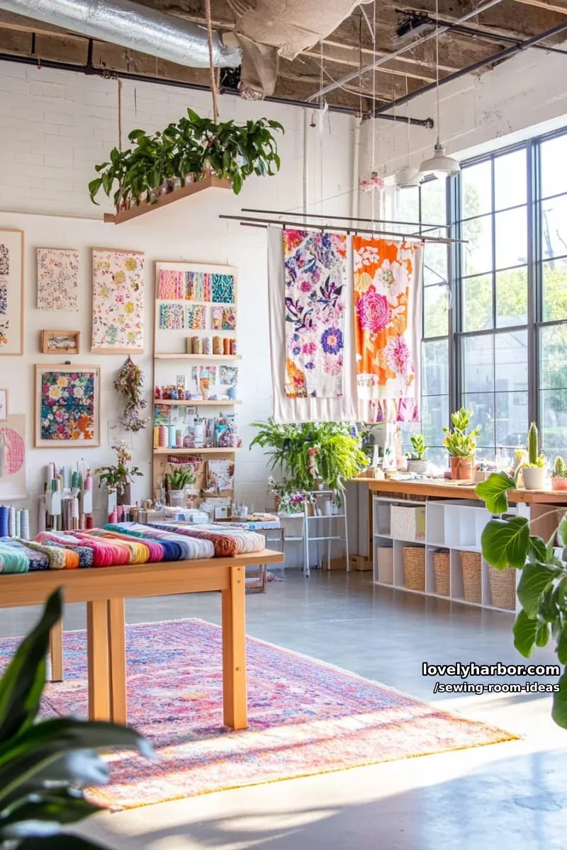 15 Creative Sewing Room Design Ideas 18 ceiling-mounted rod for hanging unfinished projects and drying freshly dyed fabrics 1