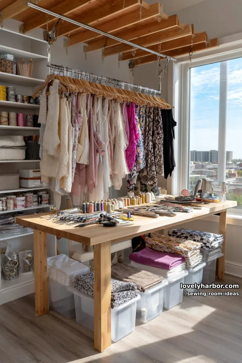 15 Creative Sewing Room Design Ideas 19 ceiling-mounted rod for hanging unfinished projects and drying freshly dyed fabrics 1