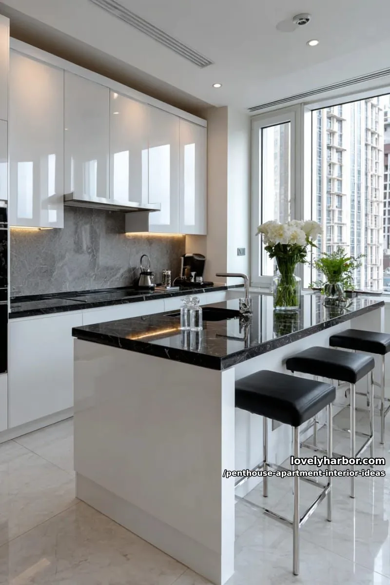 29 Stunning Penthouse Apartment Interior Design Ideas for a Fresh New Look 20 chic monochrome kitchen with high-gloss cabinets and hidden appliances 1