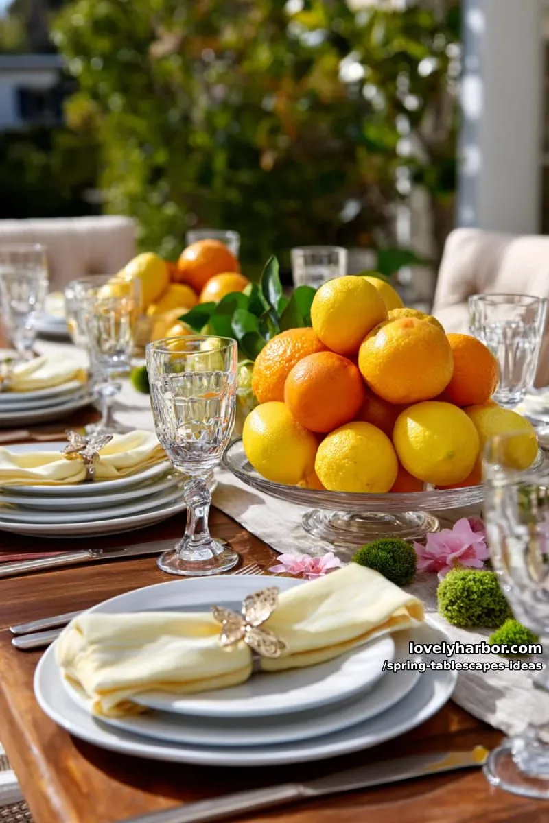 citrus fruit centerpiece, moss accents, and butterfly napkin rings for whimsy 1