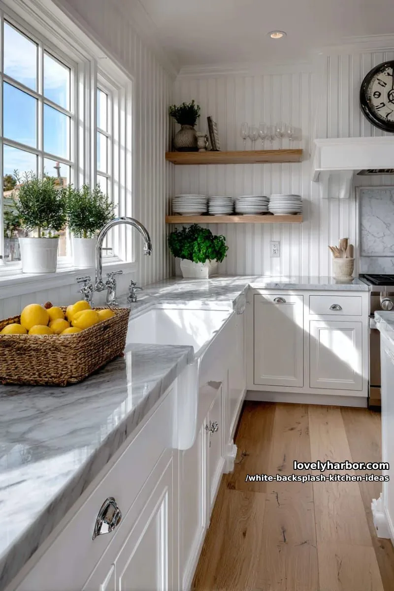 15 Elegant White Backsplash Ideas for Your Kitchen 17 classic beadboard backsplash painted white for a cozy farmhouse kitchen look 1