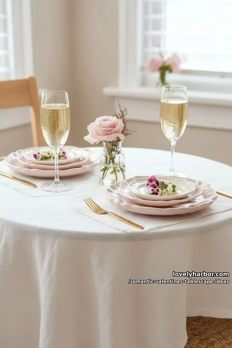 classic champagne flutes, blush pink plates, and edible flower garnish 1