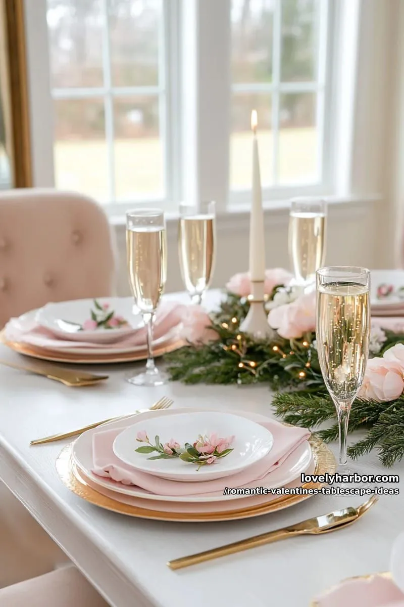 classic champagne flutes, blush pink plates, and edible flower garnish 1