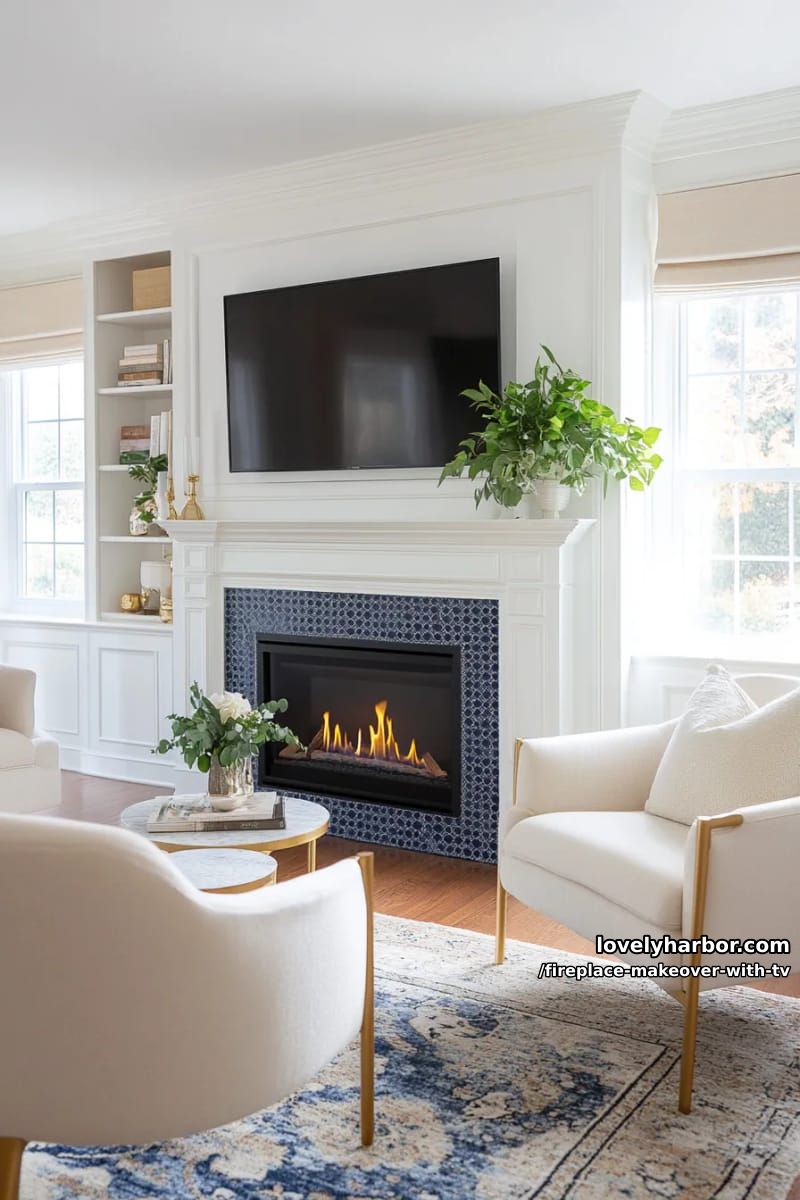 15 Elegant Ideas for Fireplace Makeover with TV 25 classic mantel refresh with tv above and geometric patterned tile 1
