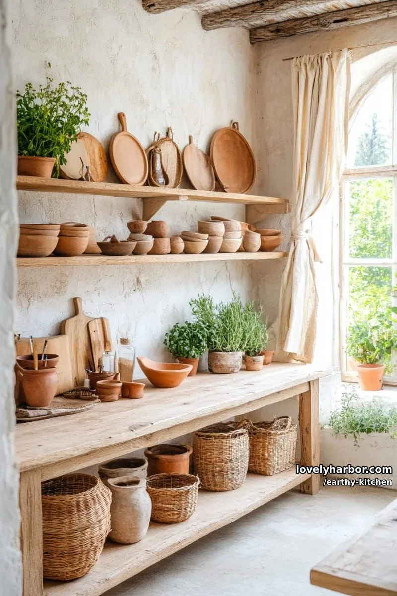 clay pottery collections arranged on open shelves for natural display 1
