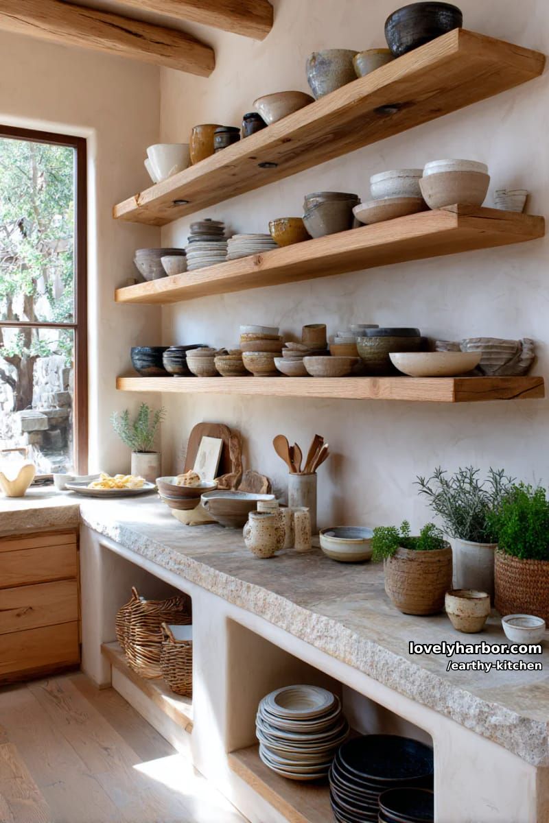 coleções de cerâmica de barro dispostas em prateleiras abertas para exibição natural 1