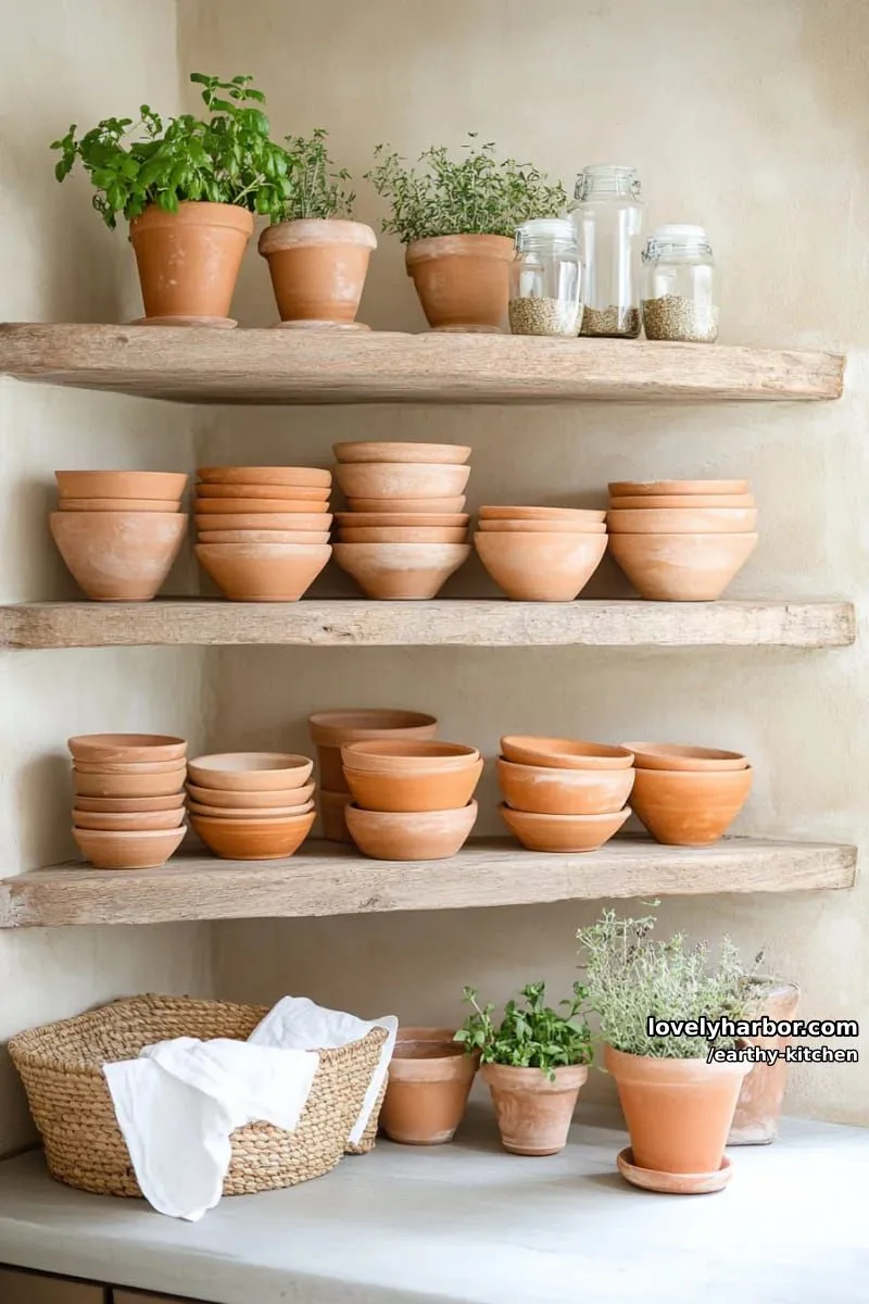 clay pottery collections arranged on open shelves for natural display 1