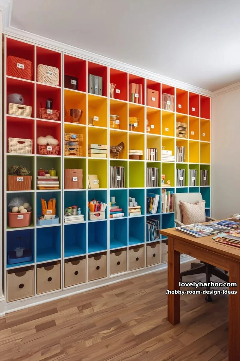 15 Inspiring Hobby Room Design Ideas You’ll Love 2 color-coded storage cubbies lining an entire accent wall for ultimate organization 1