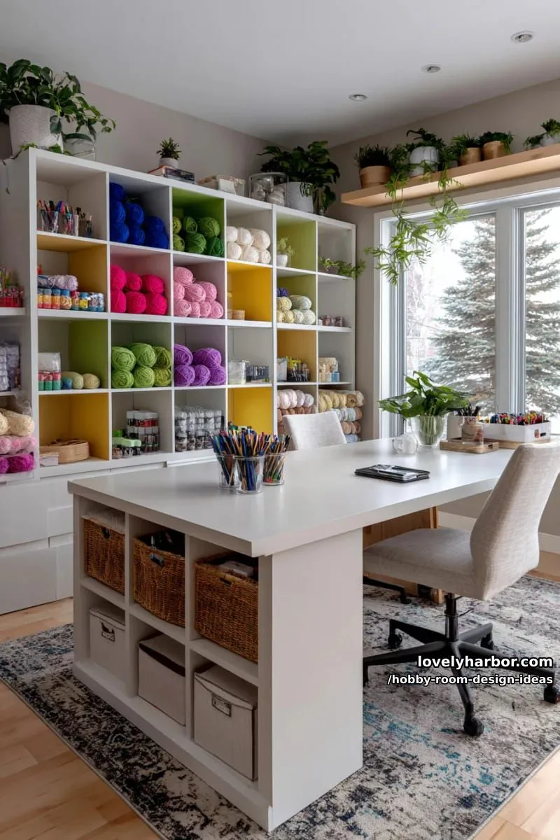 15 Inspiring Hobby Room Design Ideas You’ll Love 3 color-coded storage cubbies lining an entire accent wall for ultimate organization 1