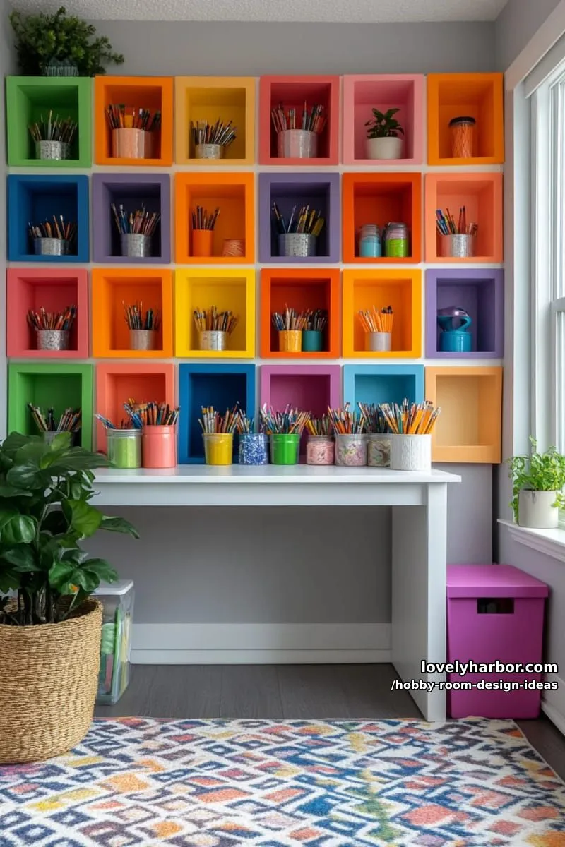 15 Inspiring Hobby Room Design Ideas You’ll Love 4 color-coded storage cubbies lining an entire accent wall for ultimate organization 1