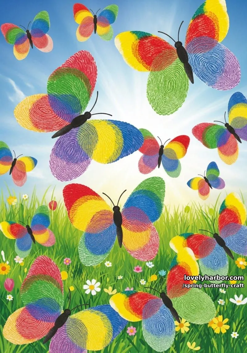 colorful fingerprint butterfly collage on a spring meadow background 1