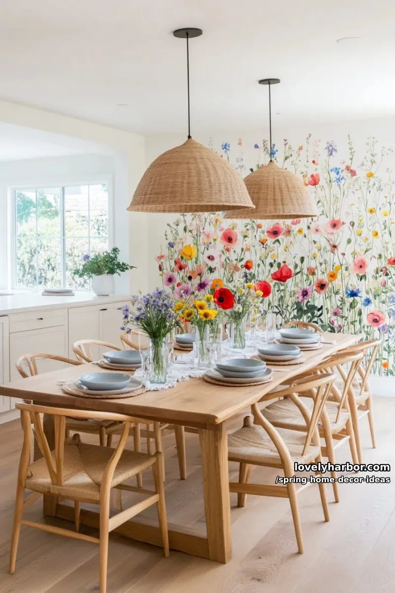 27 Gorgeous Spring Decor Ideas to Brighten Your Home 69 colorful wildflower wall mural for a statement backdrop in the dining area 1