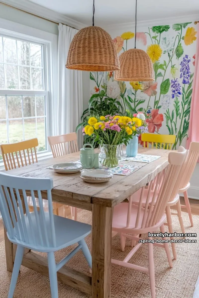 27 Gorgeous Spring Decor Ideas to Brighten Your Home 70 colorful wildflower wall mural for a statement backdrop in the dining area 1