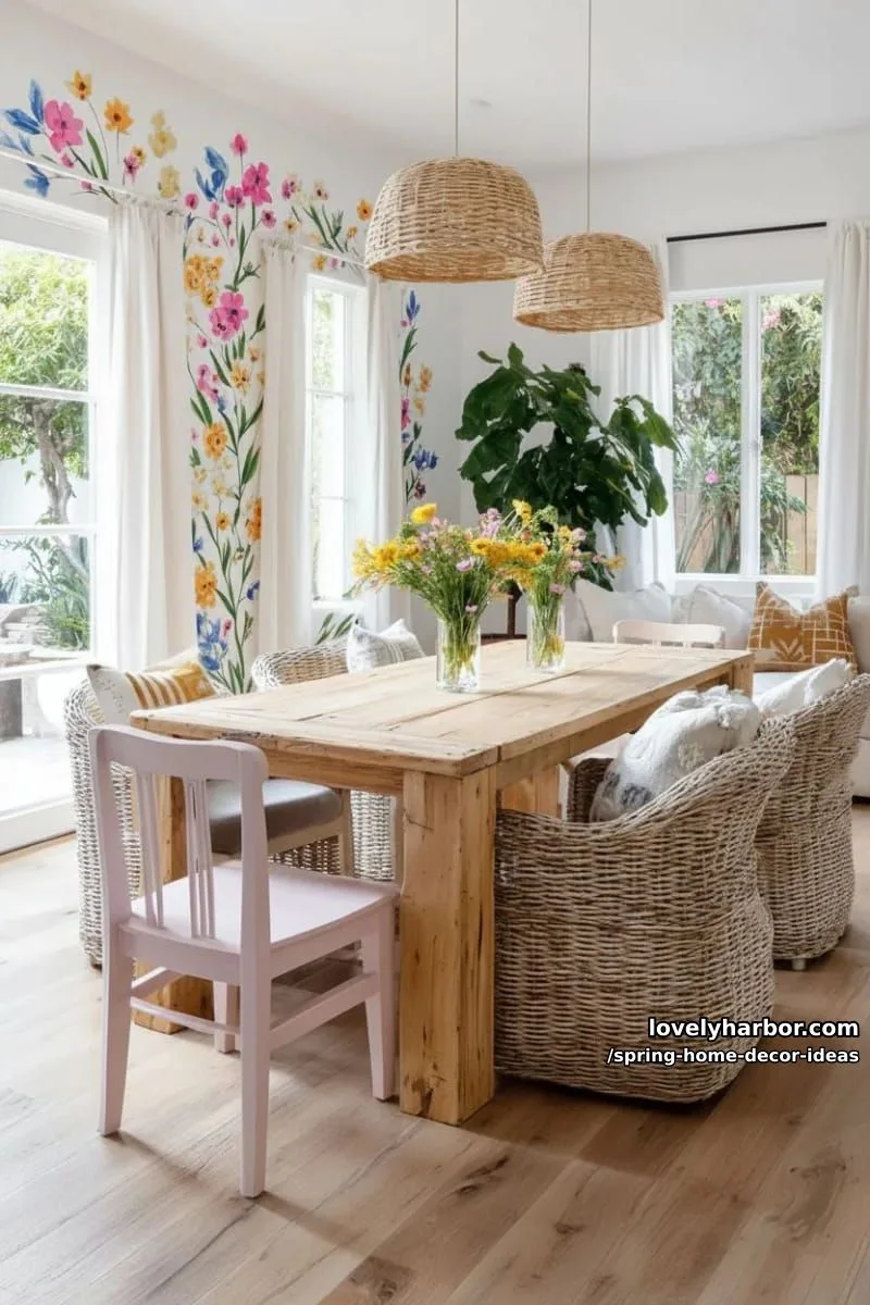 27 Gorgeous Spring Decor Ideas to Brighten Your Home 71 colorful wildflower wall mural for a statement backdrop in the dining area 1