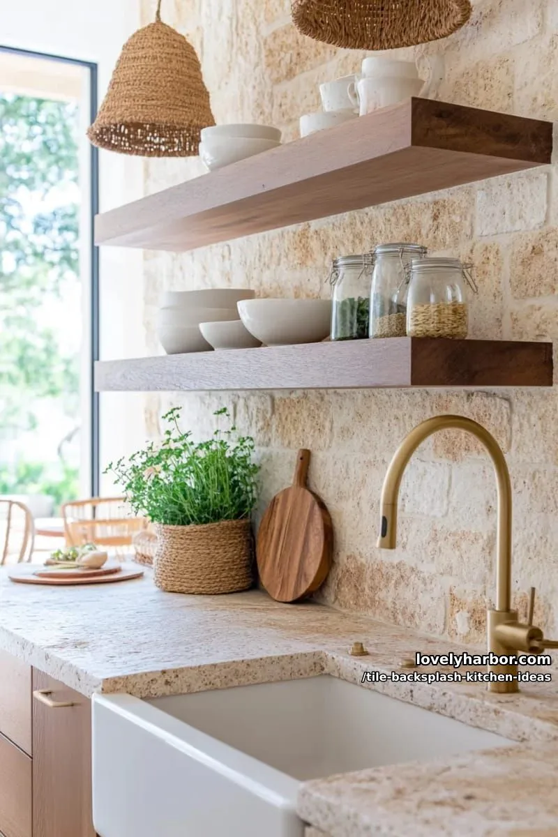 15 Tile Backsplash Ideas for a Stylish Kitchen 35 combination of natural travertine tiles and open shelving above counters 1