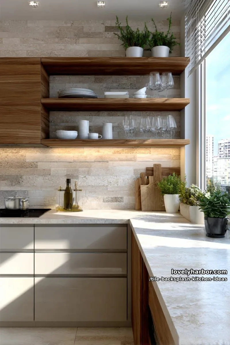 15 Tile Backsplash Ideas for a Stylish Kitchen 36 combination of natural travertine tiles and open shelving above counters 1