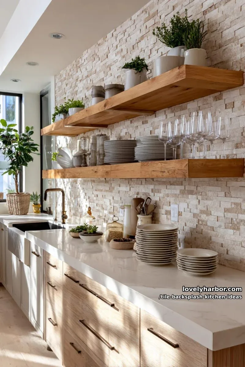 15 Tile Backsplash Ideas for a Stylish Kitchen 37 combination of natural travertine tiles and open shelving above counters 1