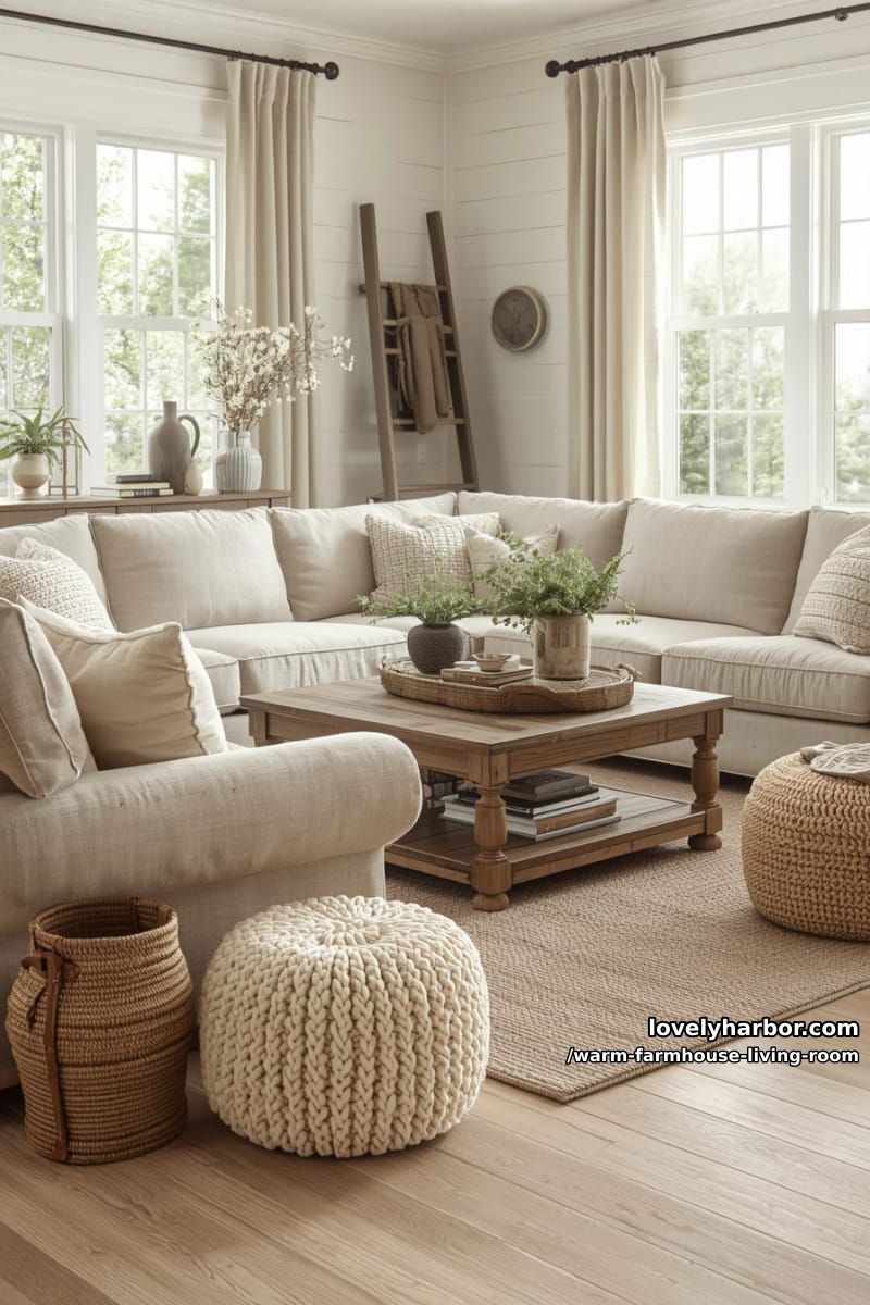 15 Ways to Style a Warm Farmhouse Living Room 33 combine soft beige sectional sofas with chunky knit poufs and farmhouse baskets 1