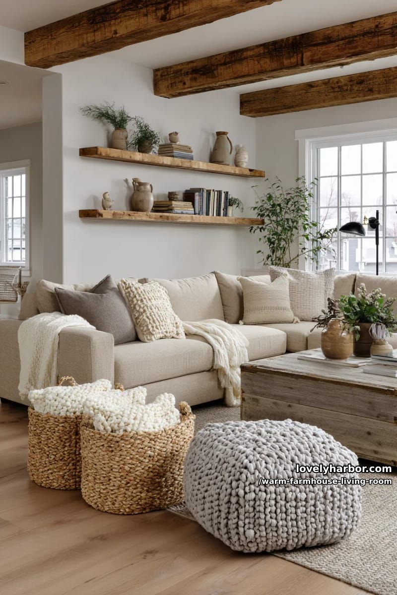 15 Ways to Style a Warm Farmhouse Living Room 34 combine soft beige sectional sofas with chunky knit poufs and farmhouse baskets 1