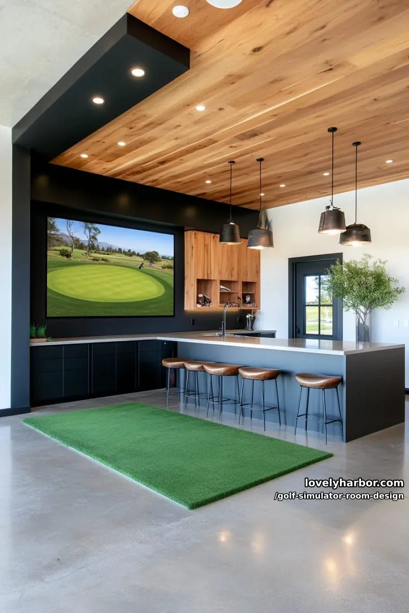 15 Chic Golf Simulator Room Designs to Help Update Your Space! 12 compact garage golf simulator with foldable turf and custom cabinetry 1