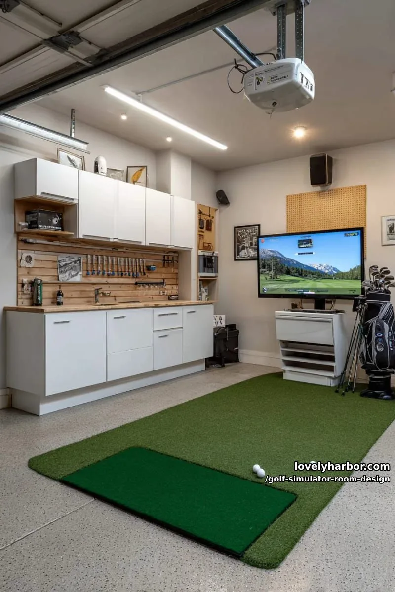 15 Chic Golf Simulator Room Designs to Help Update Your Space! 13 compact garage golf simulator with foldable turf and custom cabinetry 1