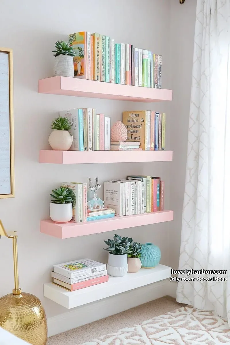 15 Creative DIY Room Decor Ideas to Add Color to Your Space 25 construct a floating corner bookshelf with soft pink and white paint accents 1