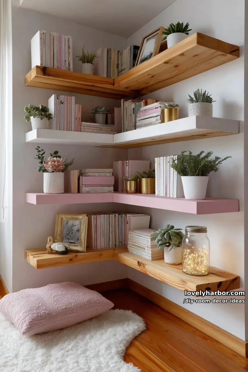 15 Creative DIY Room Decor Ideas to Add Color to Your Space 26 construct a floating corner bookshelf with soft pink and white paint accents 1