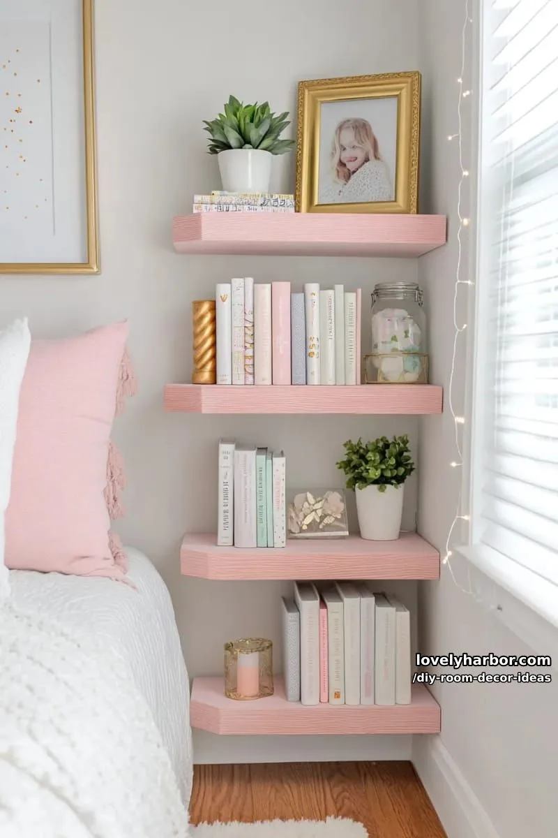 15 Creative DIY Room Decor Ideas to Add Color to Your Space 27 construct a floating corner bookshelf with soft pink and white paint accents 1