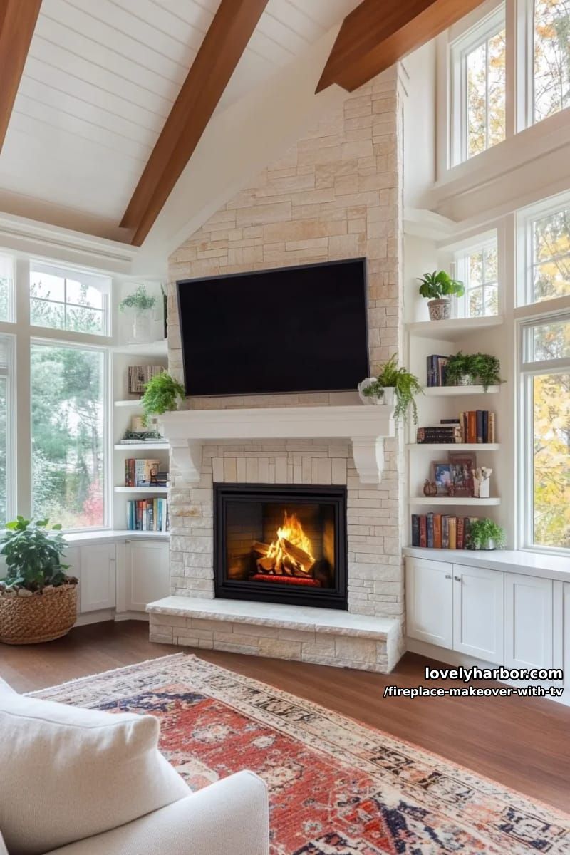 15 Elegant Ideas for Fireplace Makeover with TV 41 corner fireplace makeover with angled tv and custom built-in cabinetry 1