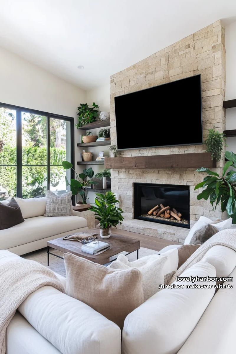 15 Elegant Ideas for Fireplace Makeover with TV 42 corner fireplace makeover with angled tv and custom built-in cabinetry 1