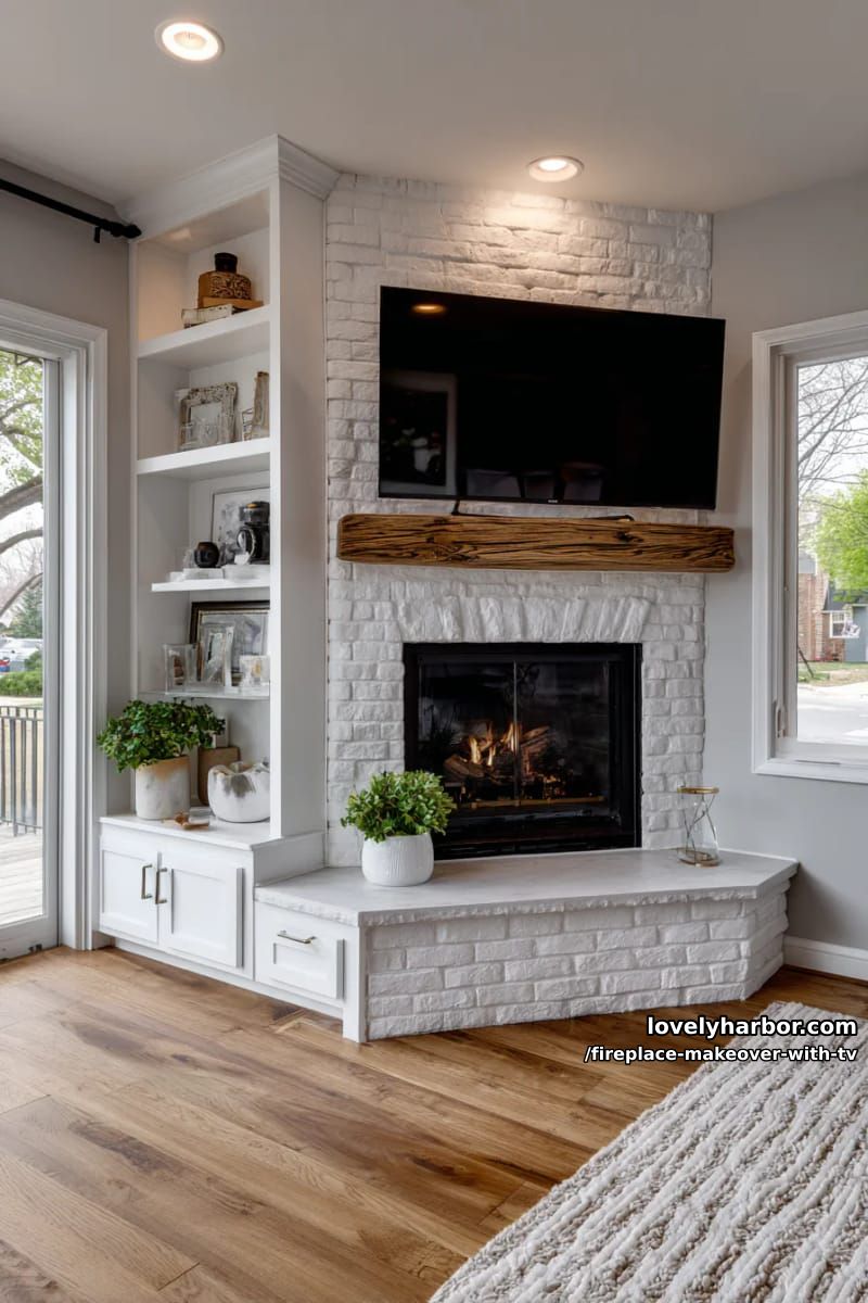 15 Elegant Ideas for Fireplace Makeover with TV 43 corner fireplace makeover with angled tv and custom built-in cabinetry 1