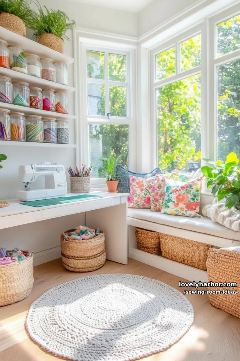 corner sewing nook with a cozy window bench and floral throw pillows 1