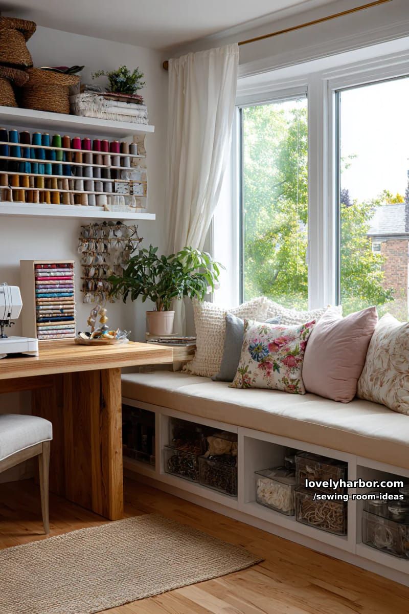 corner sewing nook with a cozy window bench and floral throw pillows 1