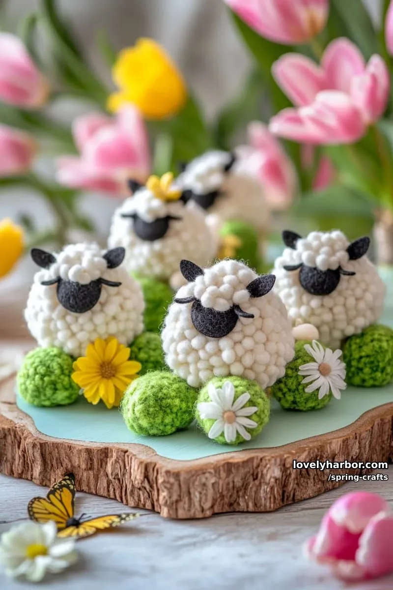 cotton ball sheep with pom-pom grass on painted spring meadow boards 1