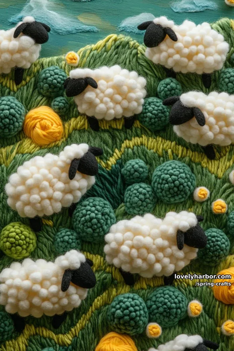 cotton ball sheep with pom-pom grass on painted spring meadow boards 1