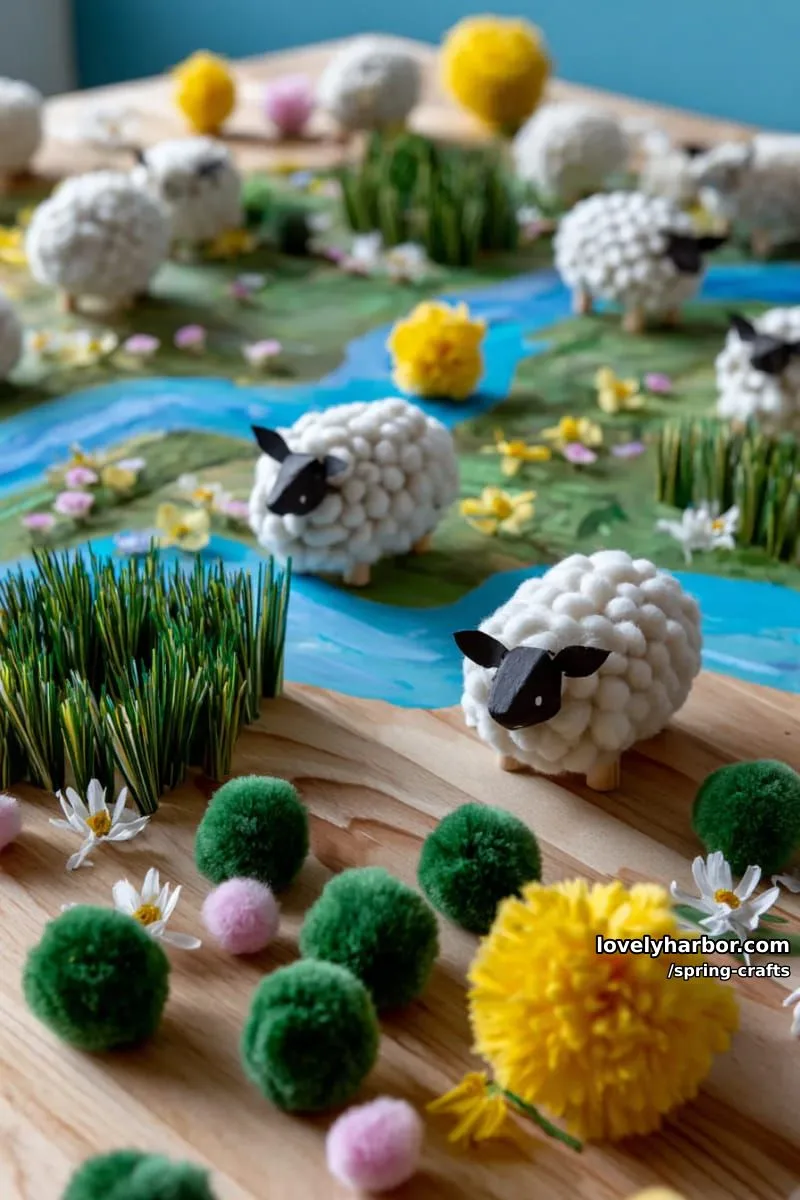 cotton ball sheep with pom-pom grass on painted spring meadow boards 1