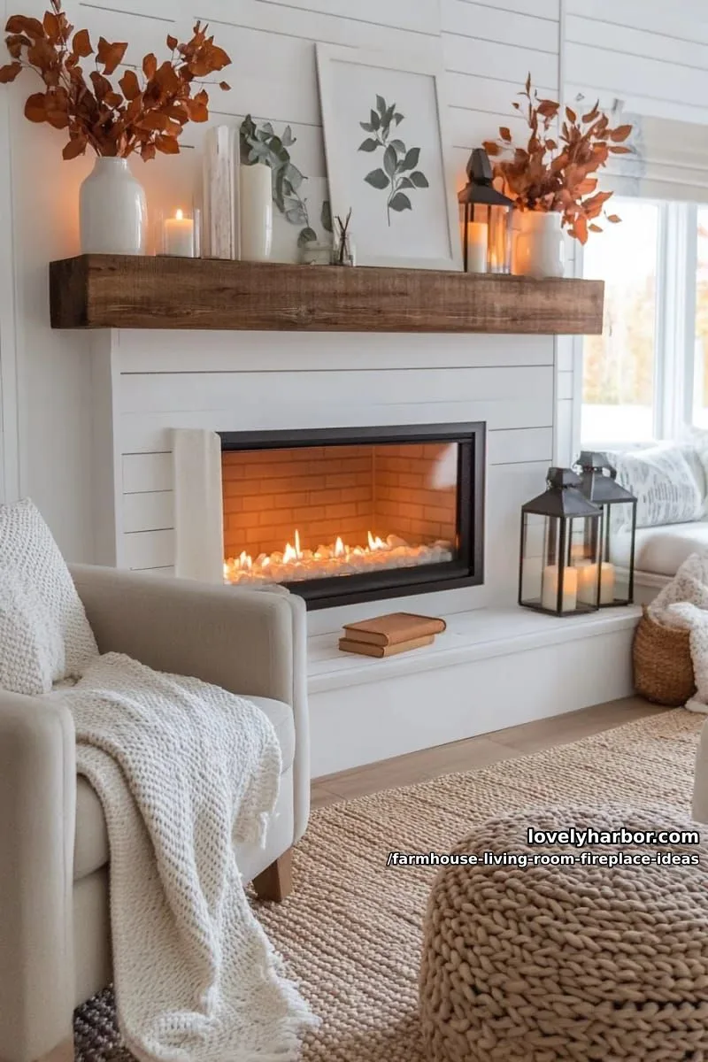 cozy corner electric fireplace with chunky wood mantle and lantern décor 1