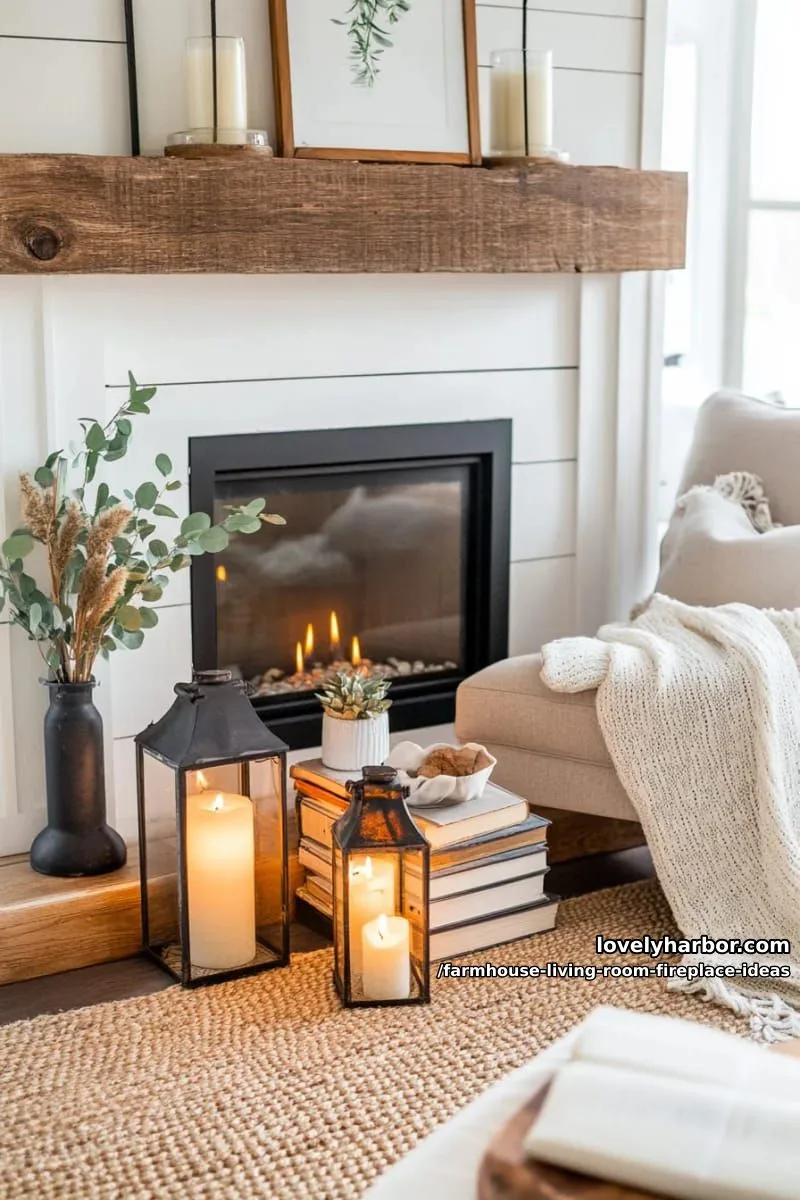 cozy corner electric fireplace with chunky wood mantle and lantern décor 1