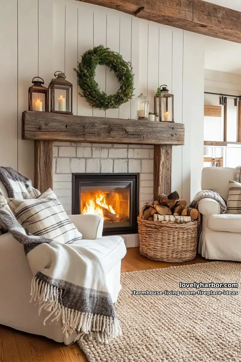 cozy corner electric fireplace with chunky wood mantle and lantern décor 1