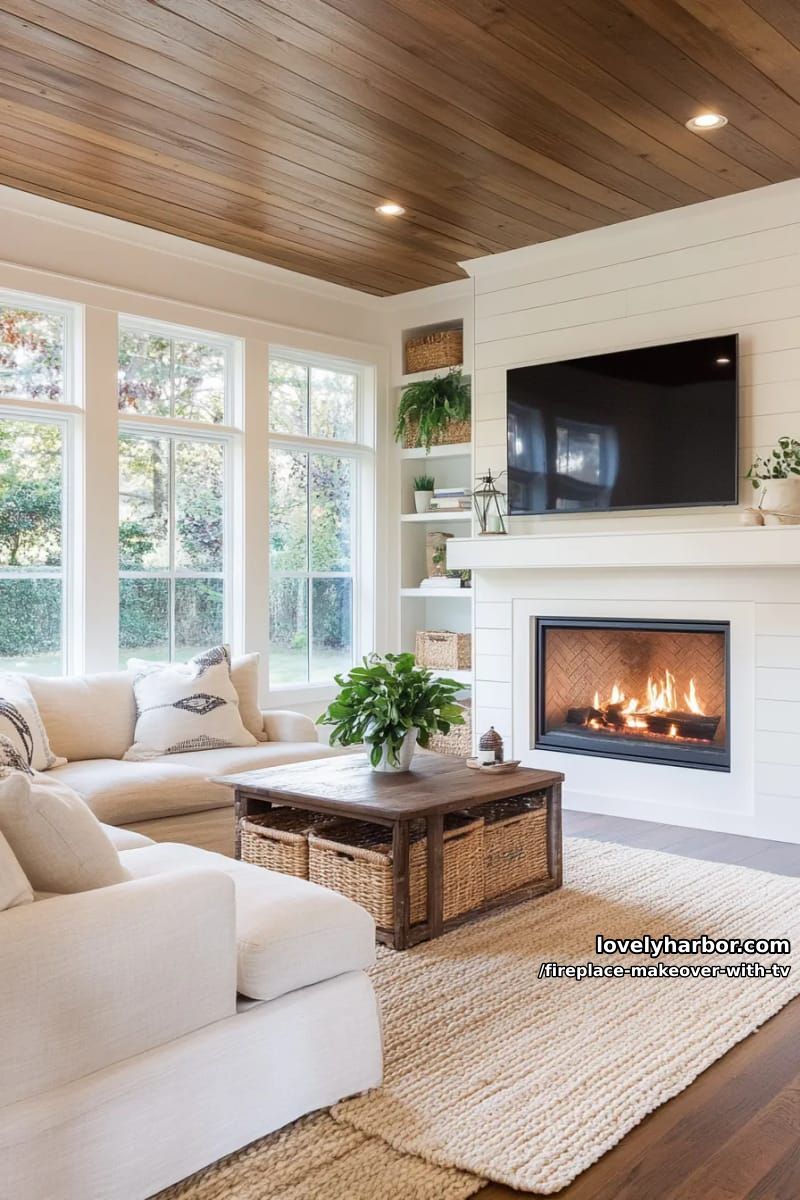 15 Elegant Ideas for Fireplace Makeover with TV 11 cozy farmhouse shiplap fireplace with tv framed by built-in shelves 1