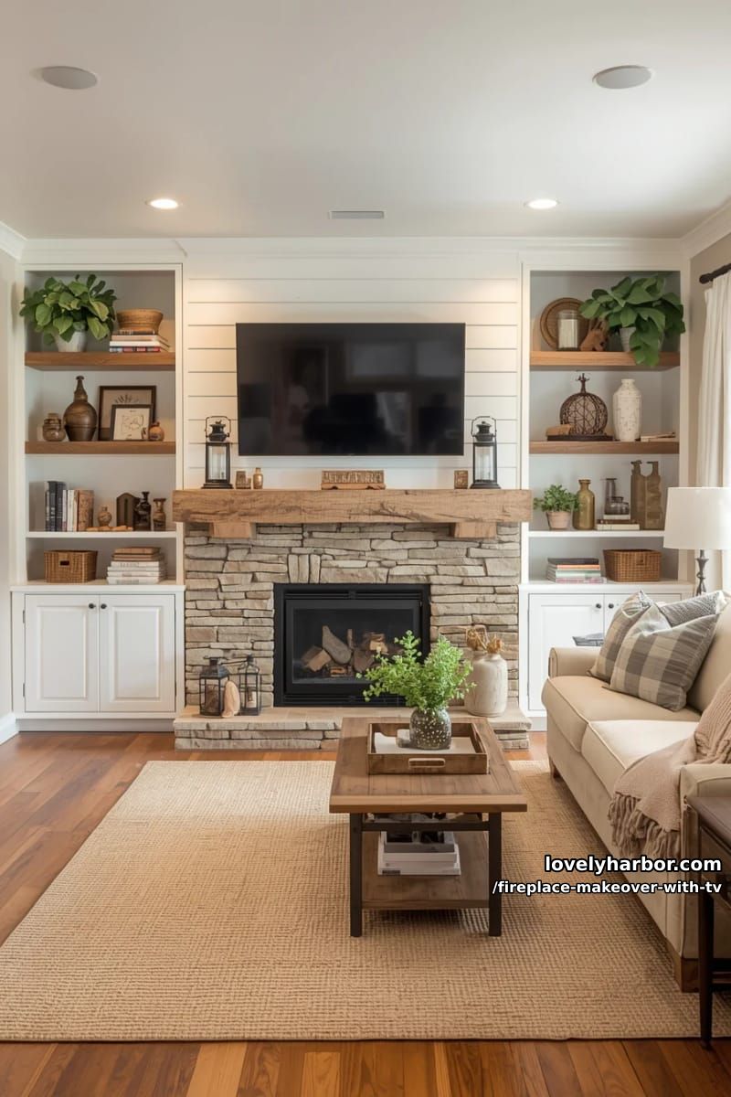 15 Elegant Ideas for Fireplace Makeover with TV 10 cozy farmhouse shiplap fireplace with tv framed by built-in shelves 1